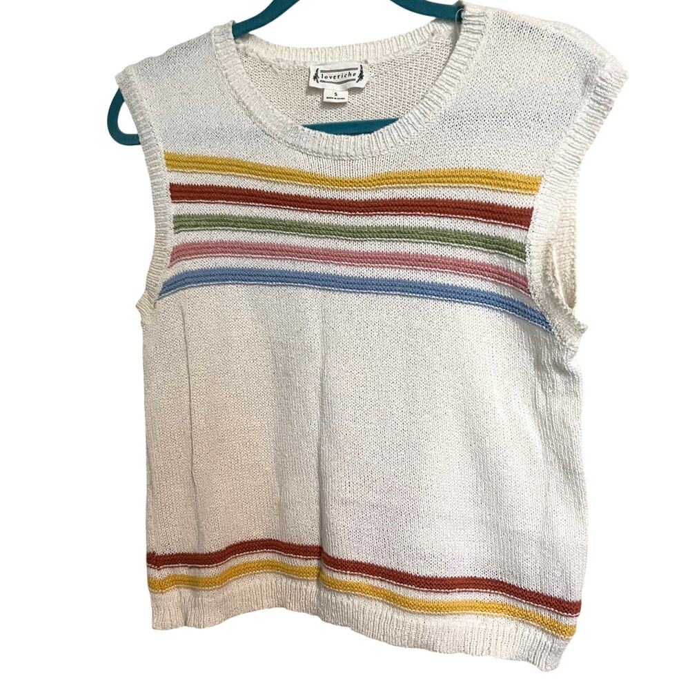 Lightweight White Knit Vest with Rainbow Stripes